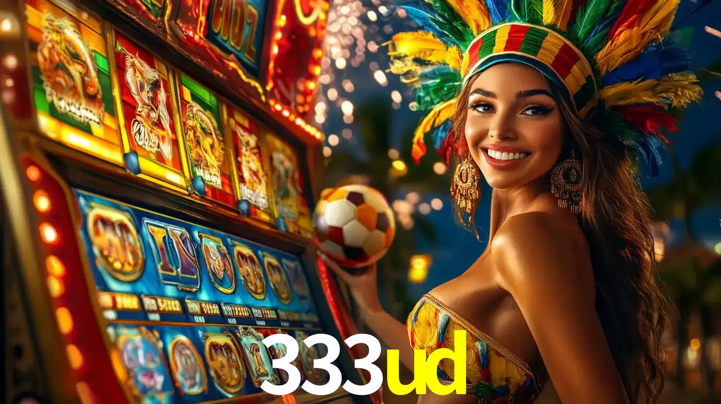 Mulher com um cocar de carnaval ao lado de uma máquina de caça-níqueis enquanto segura uma bola de futebol, mostrando a união da diversão de cassino e esportes no 333ud.