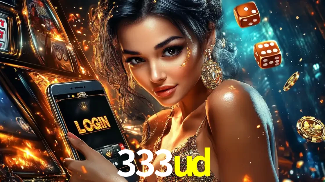 Mulher glamourosa segurando um celular com a tela de login do cassino 333ud, rodeada por dados e moedas douradas, pronta para começar a diversão.