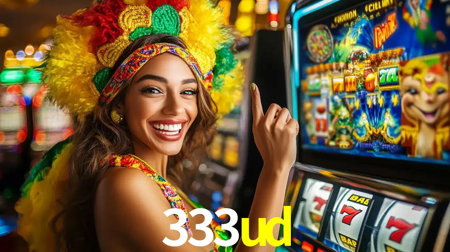 Mulher animada com um cocar de carnaval apontando para uma máquina de caça-níqueis, mostrando a emoção de ganhar um grande prêmio nos jogos do 333ud.