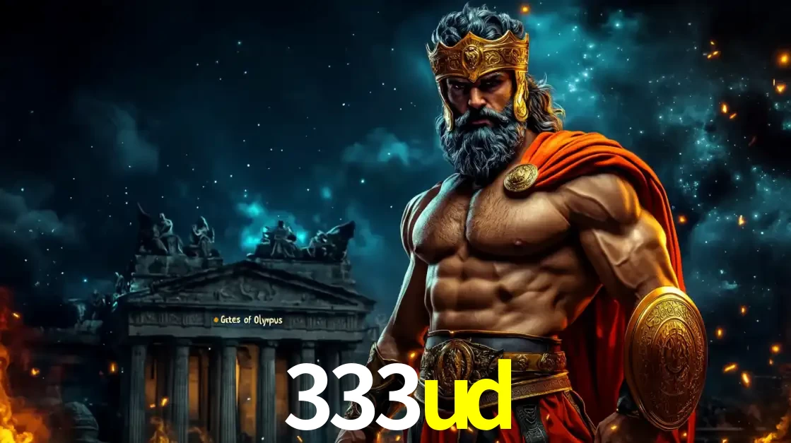 O poderoso Zeus do jogo de slot Gates of Olympus em frente ao seu templo, pronto para lançar multiplicadores divinos e prêmios épicos no cassino online 333ud.