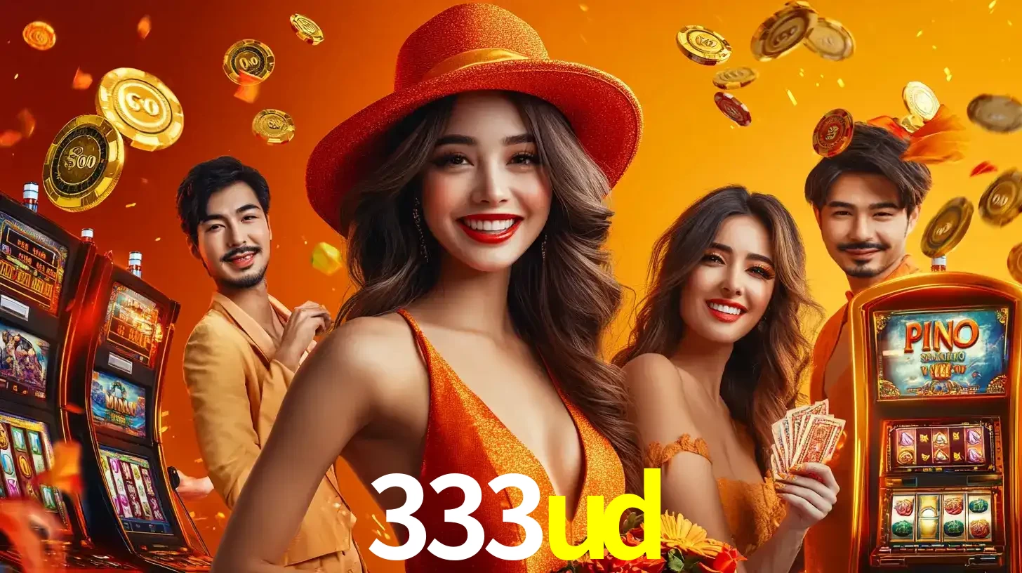 Grupo de amigos asiáticos sorrindo e se divertindo com máquinas de caça-níqueis em um ambiente festivo, celebrando suas vitórias nos jogos de cassino do 333ud.