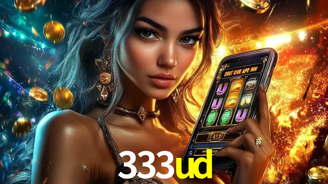 Mulher elegante mostrando um jogo de caça-níqueis em seu smartphone, destacando a experiência de cassino móvel oferecida pelo aplicativo 333ud.